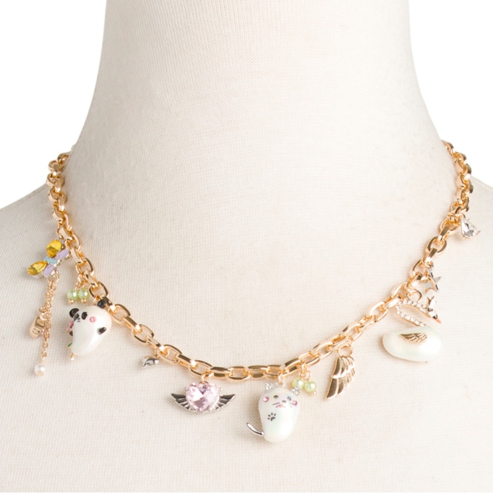 Betsey Johnson Pearl Critter Charm Necklace Panda Kitty Swan